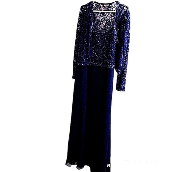2pc Brilliante Gown & Jacket Sz L Navy Blue Lace Sequins Beaded Mother Wedding - Picture 7 of 16